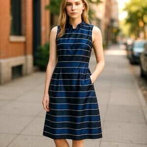 Banana Republic Woman’s 4P Petite Dress Satin Blue And Black Striped NWT $138